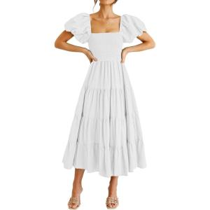 imagePRETTYGARDEN Womens Casual Summer Midi Dress Puffy Short Sleeve Square Neck Smocked Tiered Ruffle DressesWhite