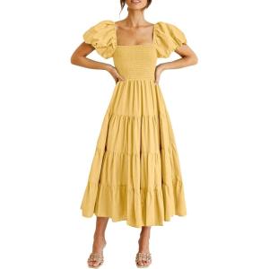 imagePRETTYGARDEN Womens Casual Summer Midi Dress Puffy Short Sleeve Square Neck Smocked Tiered Ruffle DressesYellow