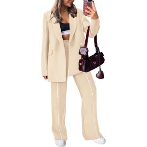 imagePRETTYGARDEN Womens Fall Spring 2 Piece Blazer Outfits Business Casual Oversized Jacket Wide Leg Work Pants Dressy Suit SetBeige