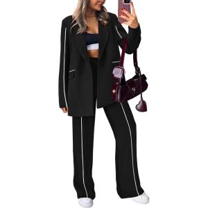 imagePRETTYGARDEN Womens Fall Spring 2 Piece Blazer Outfits Business Casual Oversized Jacket Wide Leg Work Pants Dressy Suit SetBlack