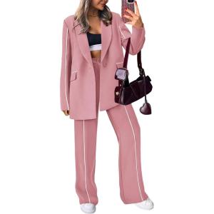 imagePRETTYGARDEN Womens Fall Spring 2 Piece Blazer Outfits Business Casual Oversized Jacket Wide Leg Work Pants Dressy Suit SetPink