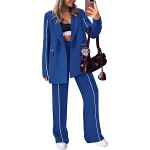 imagePRETTYGARDEN Womens Fall Spring 2 Piece Blazer Outfits Business Casual Oversized Jacket Wide Leg Work Pants Dressy Suit SetRoyal Blue