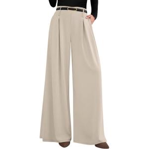 imagePRETTYGARDEN Womens Fall Wide Leg Trousers 2025 High Elastic Waist Loose Pleated Long Flowy Palazzo Work Pants with PocketsApricot