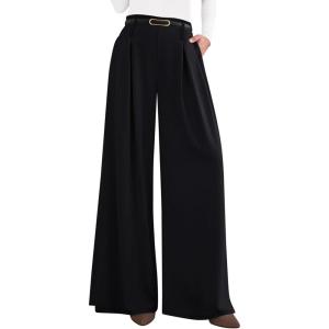 imagePRETTYGARDEN Womens Fall Wide Leg Trousers 2025 High Elastic Waist Loose Pleated Long Flowy Palazzo Work Pants with PocketsBlack