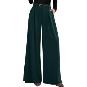 imagePRETTYGARDEN Womens Fall Wide Leg Trousers 2025 High Elastic Waist Loose Pleated Long Flowy Palazzo Work Pants with PocketsDark Green