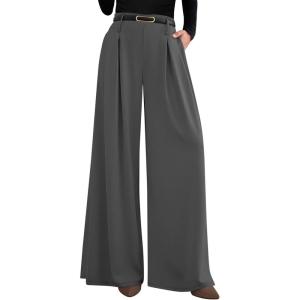 imagePRETTYGARDEN Womens Fall Wide Leg Trousers 2025 High Elastic Waist Loose Pleated Long Flowy Palazzo Work Pants with PocketsGrey