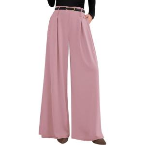 imagePRETTYGARDEN Womens Fall Wide Leg Trousers 2025 High Elastic Waist Loose Pleated Long Flowy Palazzo Work Pants with PocketsPink