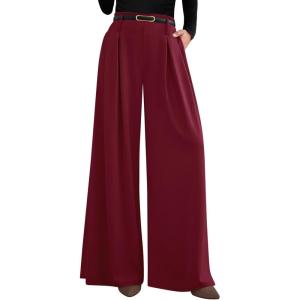 imagePRETTYGARDEN Womens Fall Wide Leg Trousers 2025 High Elastic Waist Loose Pleated Long Flowy Palazzo Work Pants with PocketsWine Red