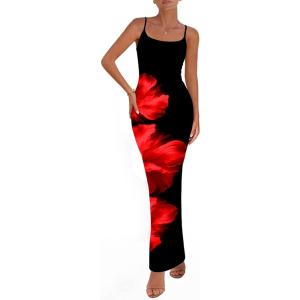 imagePRETTYGARDEN Womens Floral Maxi Dress Summer 2025 Sexy Spaghetti Strap Slip Bodycon Mesh Beach Vacation DressesFloral Black Red