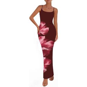 imagePRETTYGARDEN Womens Floral Maxi Dress Summer 2025 Sexy Spaghetti Strap Slip Bodycon Mesh Beach Vacation DressesFloral Wine Red