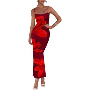 imagePRETTYGARDEN Womens Floral Maxi Dress Summer 2025 Sexy Spaghetti Strap Slip Bodycon Mesh Beach Vacation DressesWine Red