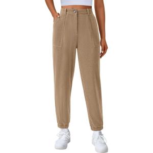 imagePRETTYGARDEN Womens Pants Dressy Casual 2025 Fall Elastic High Waisted Work Office Corduroy Trouser Slacks with PocketsLight Khaki