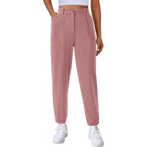 imagePRETTYGARDEN Womens Pants Dressy Casual 2025 Fall Elastic High Waisted Work Office Corduroy Trouser Slacks with PocketsPink