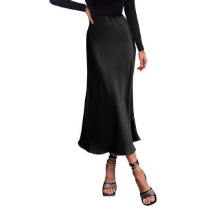 imagePRETTYGARDEN Womens Satin Skirts Dressy Casual 2025 Fall High Waisted Cocktail Wedding Flowy Elegant A Line Midi SkirtBlack