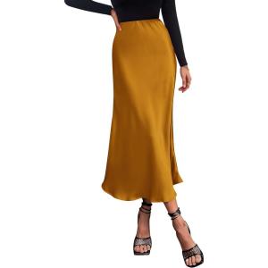 imagePRETTYGARDEN Womens Satin Skirts Dressy Casual 2025 Fall High Waisted Cocktail Wedding Flowy Elegant A Line Midi SkirtBrown Yellow