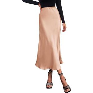 imagePRETTYGARDEN Womens Satin Skirts Dressy Casual 2025 Fall High Waisted Cocktail Wedding Flowy Elegant A Line Midi SkirtChampagne