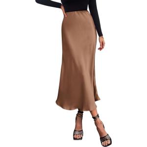 imagePRETTYGARDEN Womens Satin Skirts Dressy Casual 2025 Fall High Waisted Cocktail Wedding Flowy Elegant A Line Midi SkirtCoffee