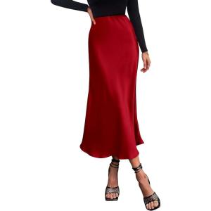 imagePRETTYGARDEN Womens Satin Skirts Dressy Casual 2025 Fall High Waisted Cocktail Wedding Flowy Elegant A Line Midi SkirtDark Red
