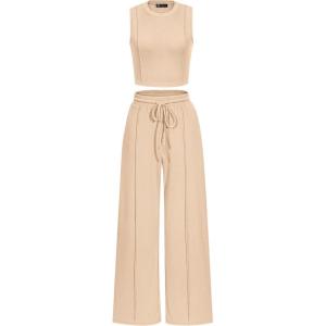 imagePRETTYGARDEN Womens Summer 2 Piece Loungewear Set Cropped Tank Top Wide Leg Sweatpants Tracksuit Casual OutfitsApricot