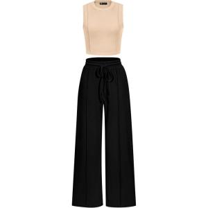 imagePRETTYGARDEN Womens Summer 2 Piece Loungewear Set Cropped Tank Top Wide Leg Sweatpants Tracksuit Casual OutfitsApricot Black