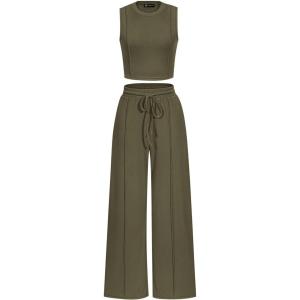 imagePRETTYGARDEN Womens Summer 2 Piece Loungewear Set Cropped Tank Top Wide Leg Sweatpants Tracksuit Casual OutfitsArmy Green