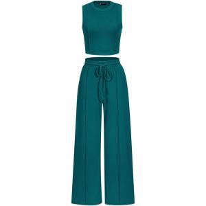 imagePRETTYGARDEN Womens Summer 2 Piece Loungewear Set Cropped Tank Top Wide Leg Sweatpants Tracksuit Casual OutfitsBlue Green