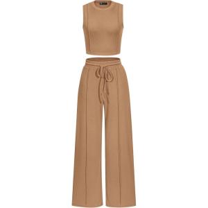 imagePRETTYGARDEN Womens Summer 2 Piece Loungewear Set Cropped Tank Top Wide Leg Sweatpants Tracksuit Casual OutfitsCamel