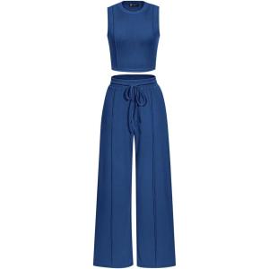 imagePRETTYGARDEN Womens Summer 2 Piece Loungewear Set Cropped Tank Top Wide Leg Sweatpants Tracksuit Casual OutfitsDark Blue