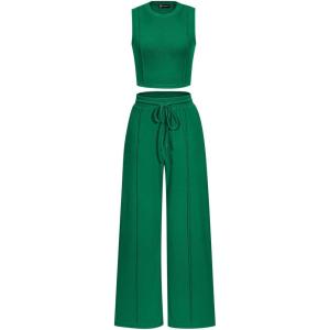 imagePRETTYGARDEN Womens Summer 2 Piece Loungewear Set Cropped Tank Top Wide Leg Sweatpants Tracksuit Casual OutfitsGreen