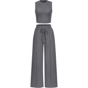 imagePRETTYGARDEN Womens Summer 2 Piece Loungewear Set Cropped Tank Top Wide Leg Sweatpants Tracksuit Casual OutfitsGrey