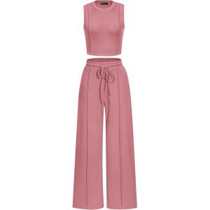 imagePRETTYGARDEN Womens Summer 2 Piece Loungewear Set Cropped Tank Top Wide Leg Sweatpants Tracksuit Casual OutfitsPink