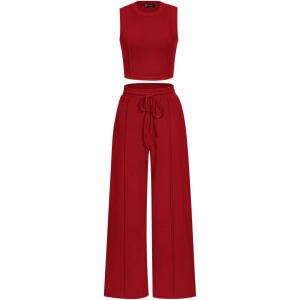 imagePRETTYGARDEN Womens Summer 2 Piece Loungewear Set Cropped Tank Top Wide Leg Sweatpants Tracksuit Casual OutfitsRed