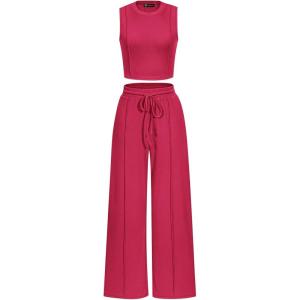 imagePRETTYGARDEN Womens Summer 2 Piece Loungewear Set Cropped Tank Top Wide Leg Sweatpants Tracksuit Casual OutfitsRose Red