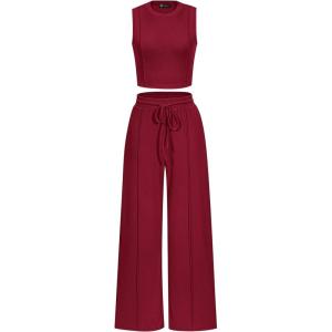 imagePRETTYGARDEN Womens Summer 2 Piece Loungewear Set Cropped Tank Top Wide Leg Sweatpants Tracksuit Casual OutfitsWine Red