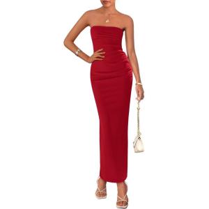 imagePRETTYGARDEN Womens Summer 2025 Semi Formal Cocktail Dresses Strapless Tube Bodycon Ruched Evening Wedding Guest Maxi DressRed