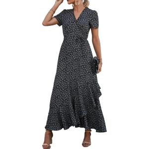 imagePRETTYGARDEN Womens Summer Maxi Dress Casual Wrap Floral Boho Short Sleeve V Neck Split Ruffle Beach Long DressesBlack