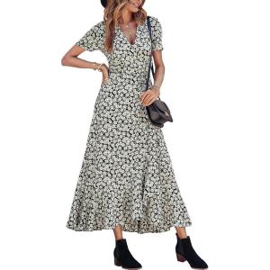 imagePRETTYGARDEN Womens Summer Maxi Dress Casual Wrap Floral Boho Short Sleeve V Neck Split Ruffle Beach Long DressesBlack White Floral