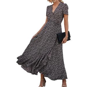 imagePRETTYGARDEN Womens Summer Maxi Dress Casual Wrap Floral Boho Short Sleeve V Neck Split Ruffle Beach Long DressesCoffee