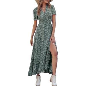imagePRETTYGARDEN Womens Summer Maxi Dress Casual Wrap Floral Boho Short Sleeve V Neck Split Ruffle Beach Long DressesDark Green Floral