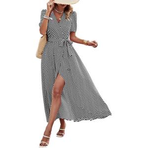 imagePRETTYGARDEN Womens Summer Maxi Dress Casual Wrap Floral Boho Short Sleeve V Neck Split Ruffle Beach Long DressesDot Black White