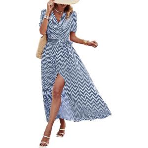 imagePRETTYGARDEN Womens Summer Maxi Dress Casual Wrap Floral Boho Short Sleeve V Neck Split Ruffle Beach Long DressesDot Blue White
