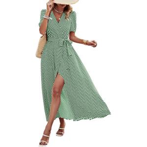 imagePRETTYGARDEN Womens Summer Maxi Dress Casual Wrap Floral Boho Short Sleeve V Neck Split Ruffle Beach Long DressesDot Green White
