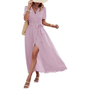 imagePRETTYGARDEN Womens Summer Maxi Dress Casual Wrap Floral Boho Short Sleeve V Neck Split Ruffle Beach Long DressesDot Pink White