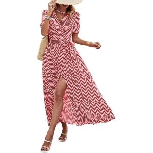 imagePRETTYGARDEN Womens Summer Maxi Dress Casual Wrap Floral Boho Short Sleeve V Neck Split Ruffle Beach Long DressesDot Red White