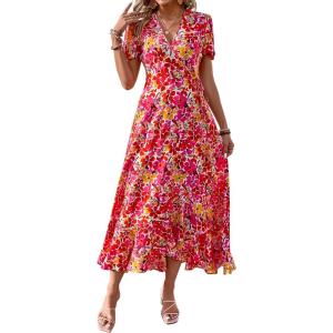 imagePRETTYGARDEN Womens Summer Maxi Dress Casual Wrap Floral Boho Short Sleeve V Neck Split Ruffle Beach Long DressesPink Yellow Floral