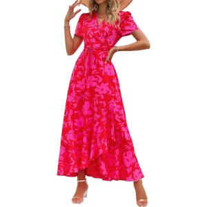 imagePRETTYGARDEN Womens Summer Maxi Dress Casual Wrap Floral Boho Short Sleeve V Neck Split Ruffle Beach Long DressesRed Floral