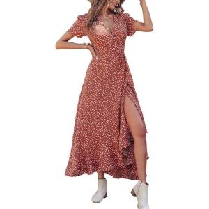 imagePRETTYGARDEN Womens Summer Maxi Dress Casual Wrap Floral Boho Short Sleeve V Neck Split Ruffle Beach Long DressesRed White Floral