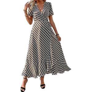 imagePRETTYGARDEN Womens Summer Maxi Dress Casual Wrap Floral Boho Short Sleeve V Neck Split Ruffle Beach Long DressesWhite Wave