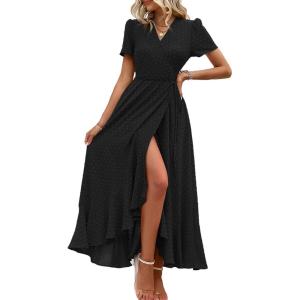imagePRETTYGARDEN Womens Summer Maxi Dress Casual Wrap Floral Boho Short Sleeve V Neck Split Ruffle Beach Long DressesZblack