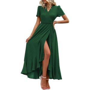 imagePRETTYGARDEN Womens Summer Maxi Dress Casual Wrap Floral Boho Short Sleeve V Neck Split Ruffle Beach Long DressesZdark Green